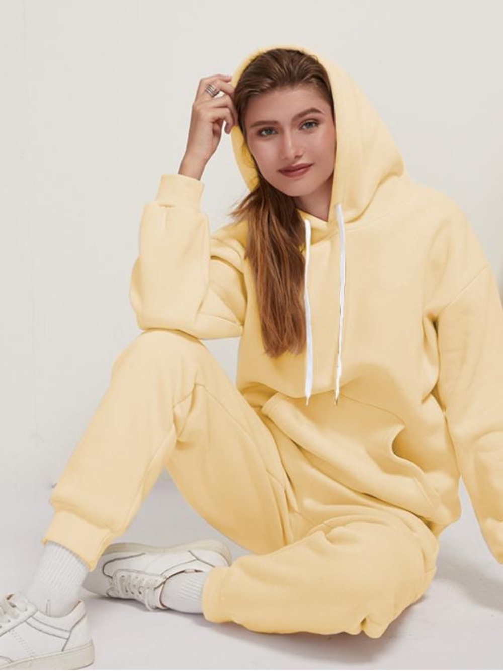 SHEIN Pale Yellow Hooded Sweatshirt & Joggers Set